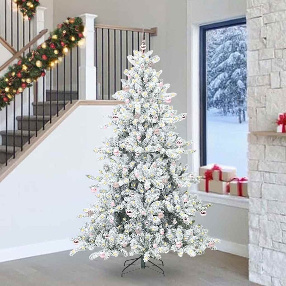 Sapin artificiel de noël 240 cm blanc, lumineux led et décorations incluses