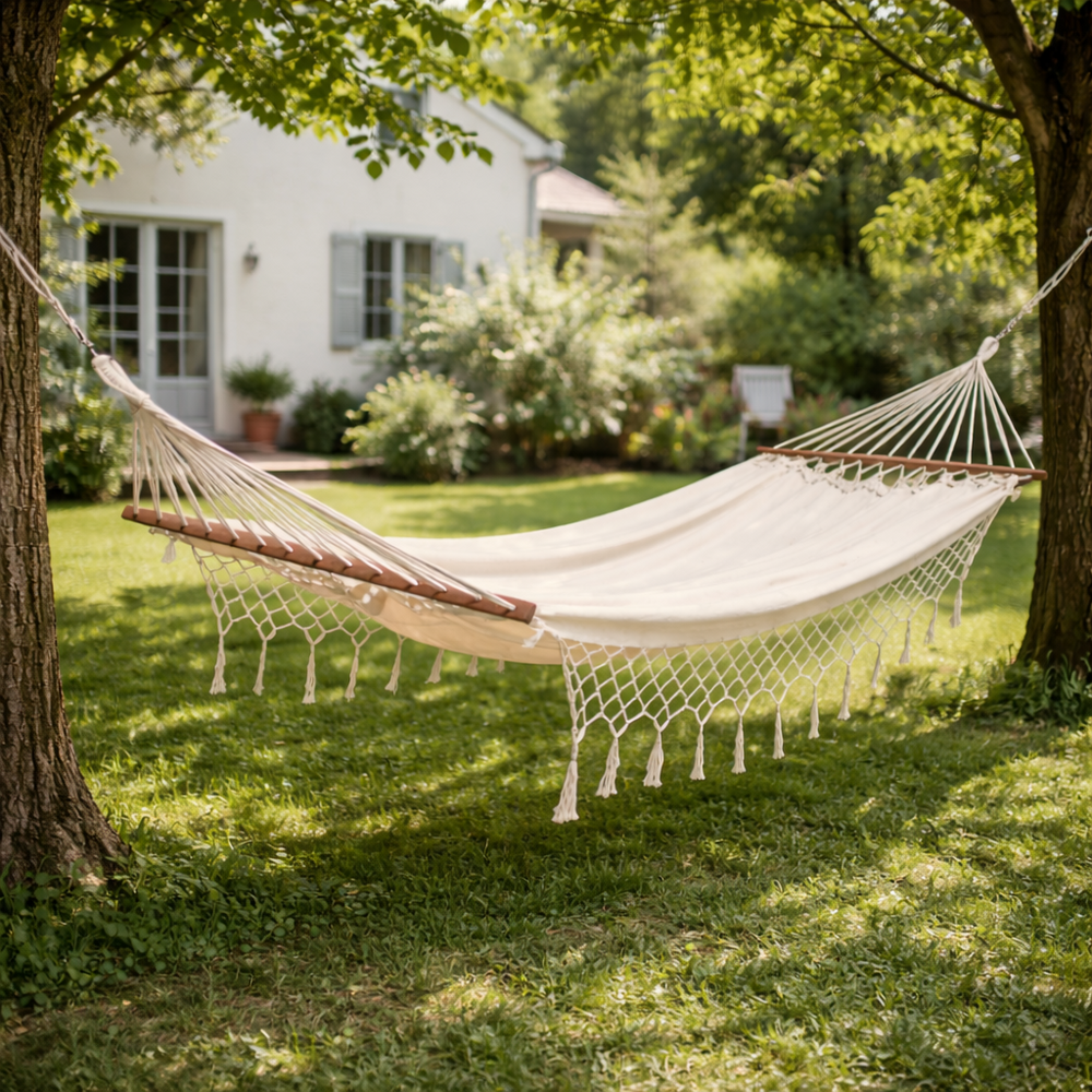 Toile hamac ecru avec barre d'ecartement 100% coton