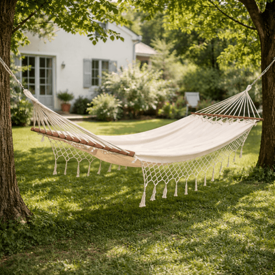 Toile hamac ecru avec barre d'ecartement 100% coton