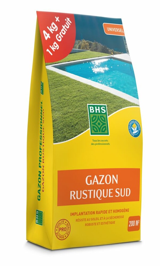 Gazon rustique sud, marque bhs, sac de 5 kilos dont 1 gratuit, 200m²