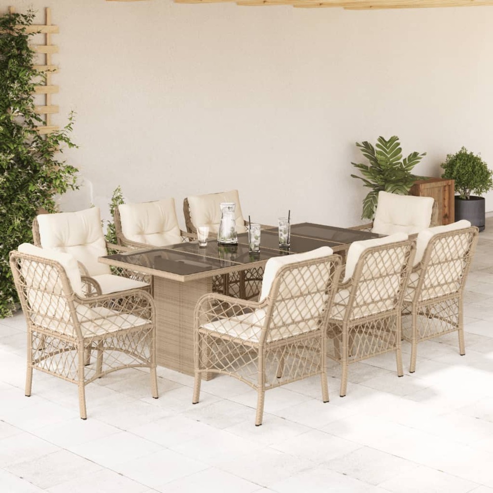 Ensemble à manger de jardin et coussins 9 pcs beige poly rotin