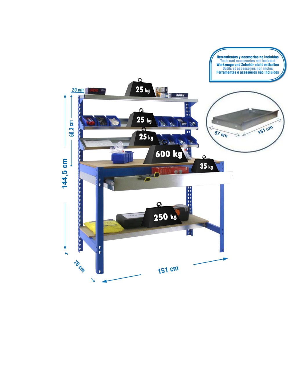 Etabli simonwork bt1 box 1500 bleu/bois bleu/bois 1445x1510x760 - simonrack