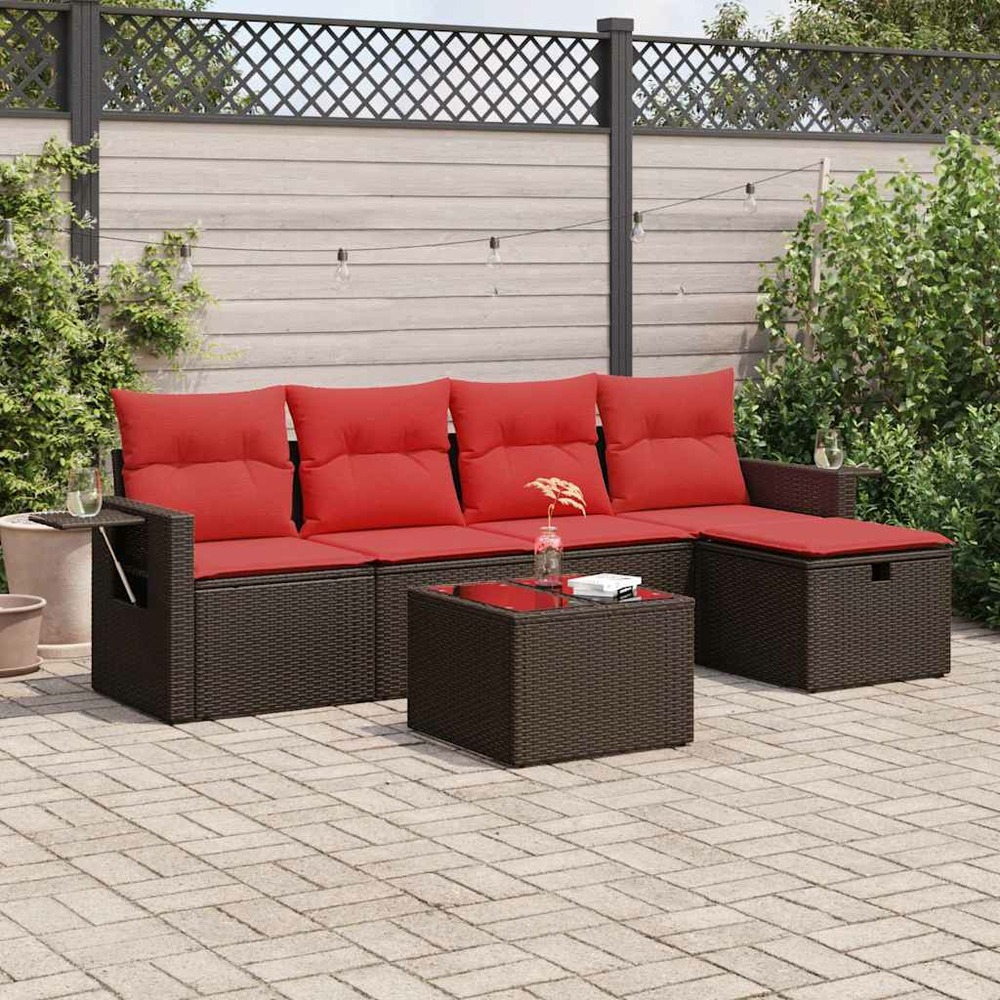 Salon de jardin avec coussins 6 pcs marron résine tressée