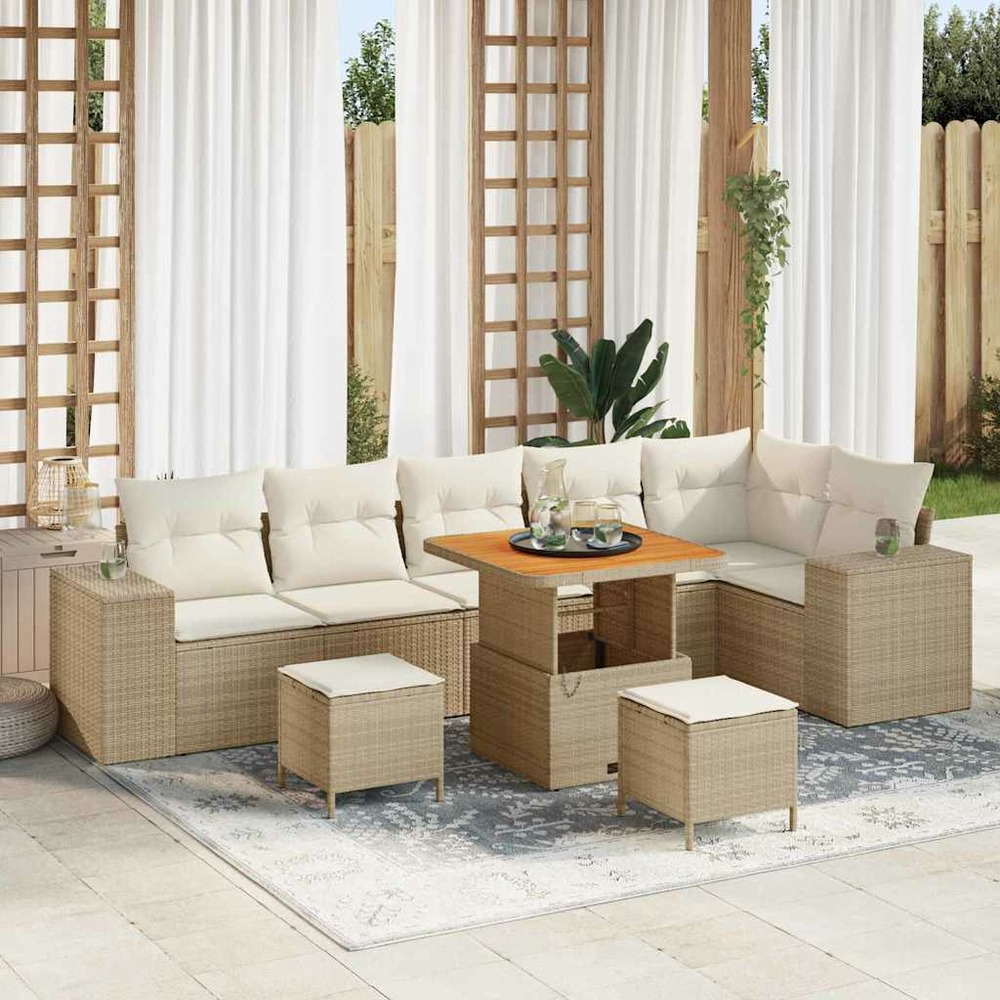 Ensemble de canapé de jardin avec coussin 9 pcs beige polyrotin