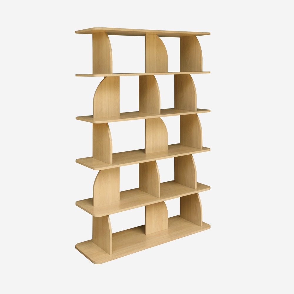 Etagère, bibliothèque exotique décor bois 5 niveaux, séparateurs courbés - alva