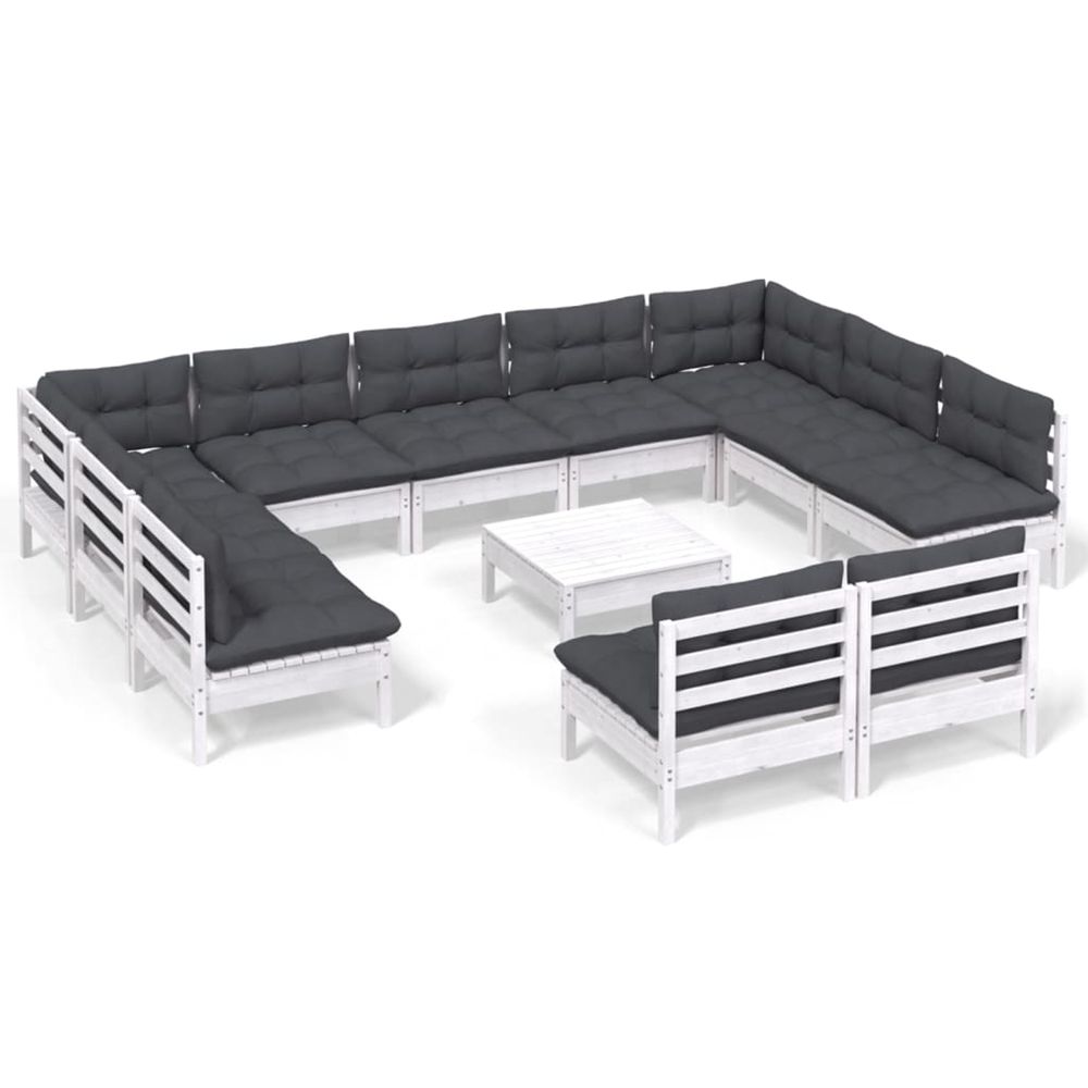Salon de jardin 12 pcs avec coussins blanc bois de pin solide