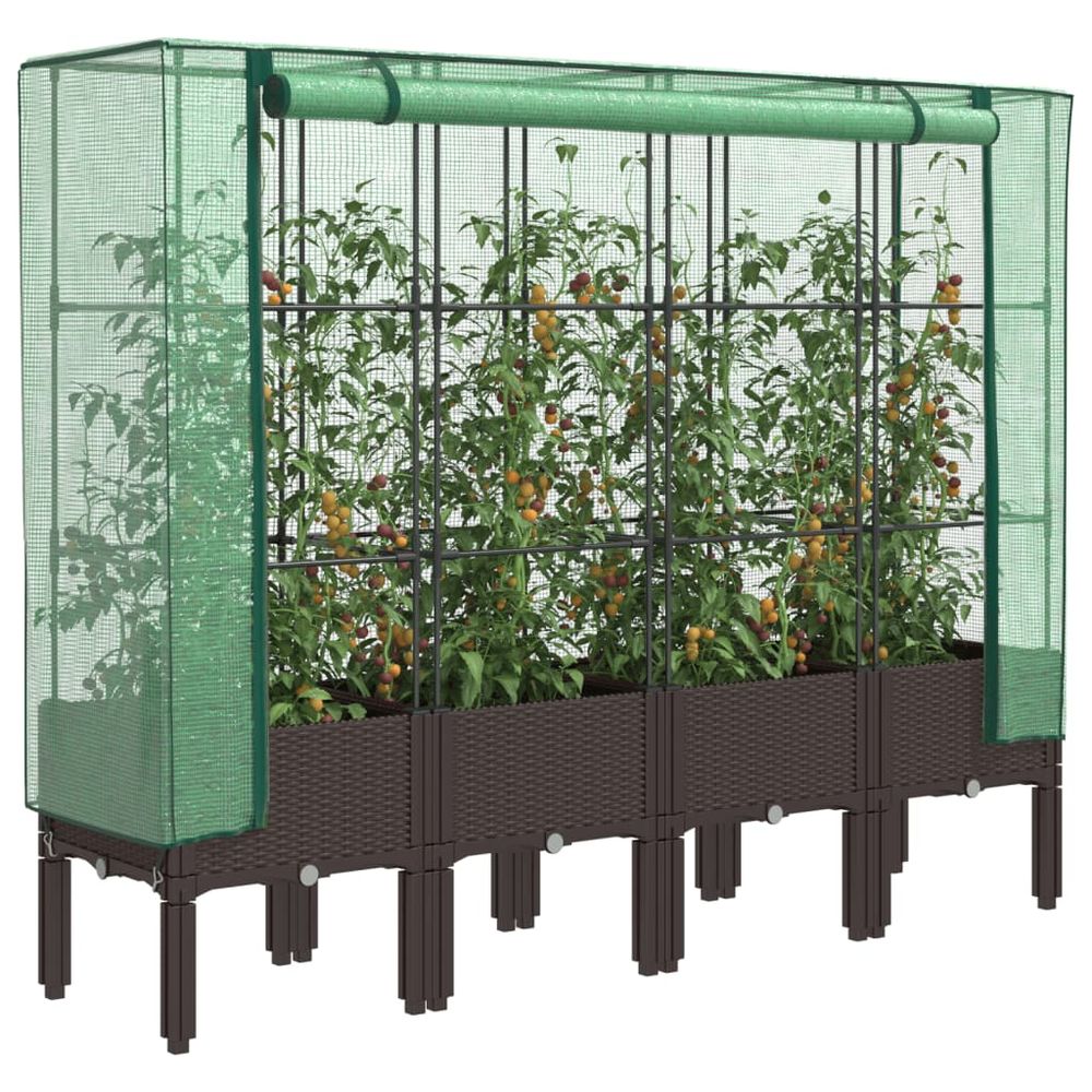 Très grande jardinière sur pieds 160cm aspect rotin avec serre de culture brun