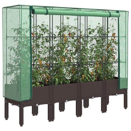 Très grande jardinière sur pieds 160cm aspect rotin avec serre de culture brun