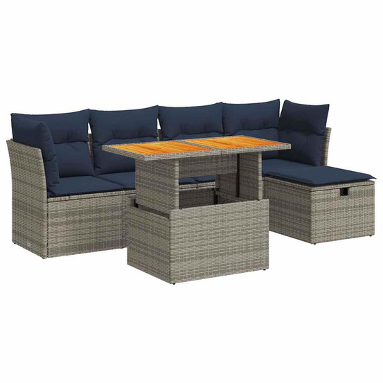 Salon de jardin avec coussins 6 pcs gris résine tressée acacia