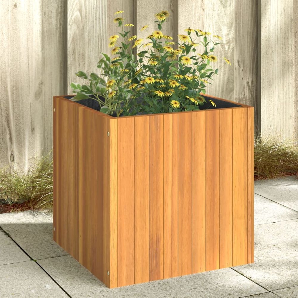 Grande jardinière bois d'acacia massif cache-pot intérieur extérieur avec sac 45x45x45cm brun