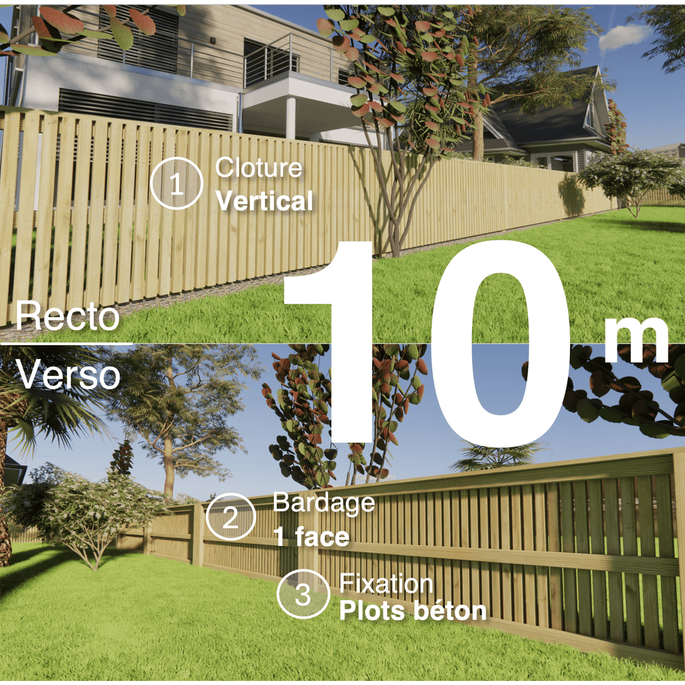 Kit clôture bois moderne 10m – h 0,9m – 45 x 45 mm autoclave – pose vertical – simple face – à sceller