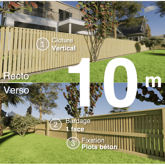 Kit clôture bois moderne 10m – h 0,9m – 45 x 45 mm autoclave – pose vertical – simple face – à sceller