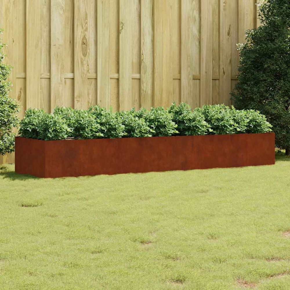 Grand espace potager bas acier corten solide aspect industriel pour culture mixte brun 280x80x40cm