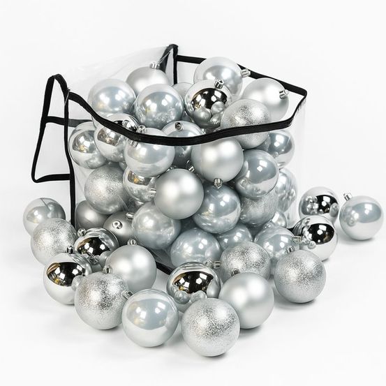 Lot de 28 boules de noël 8cm argent (brillantes, mates, texturées, opalines)