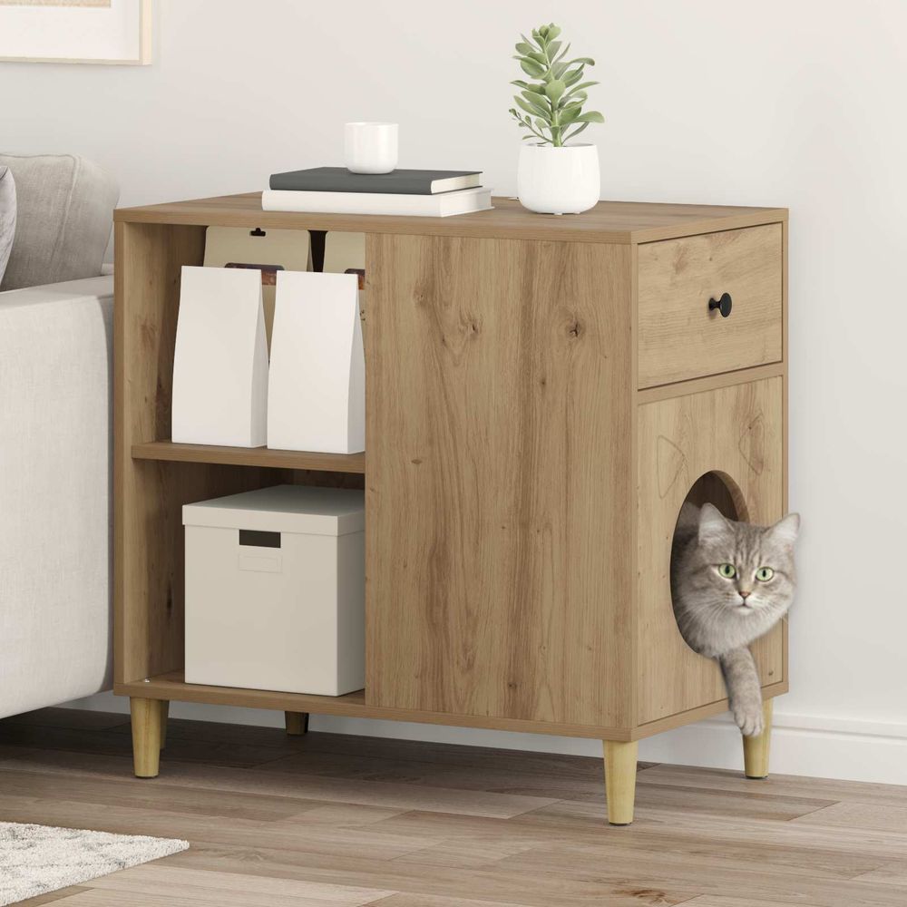 Grande maison chat chêne artisan brun 72cm pour grand chat naturel