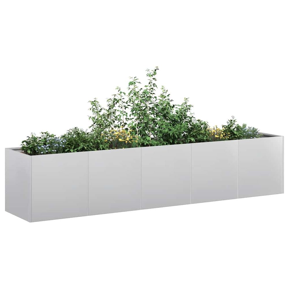 Longue jardinière rectangulaire en acier galvanisé résistant pour séparation d'espace extérieur argent 200x40x40cm