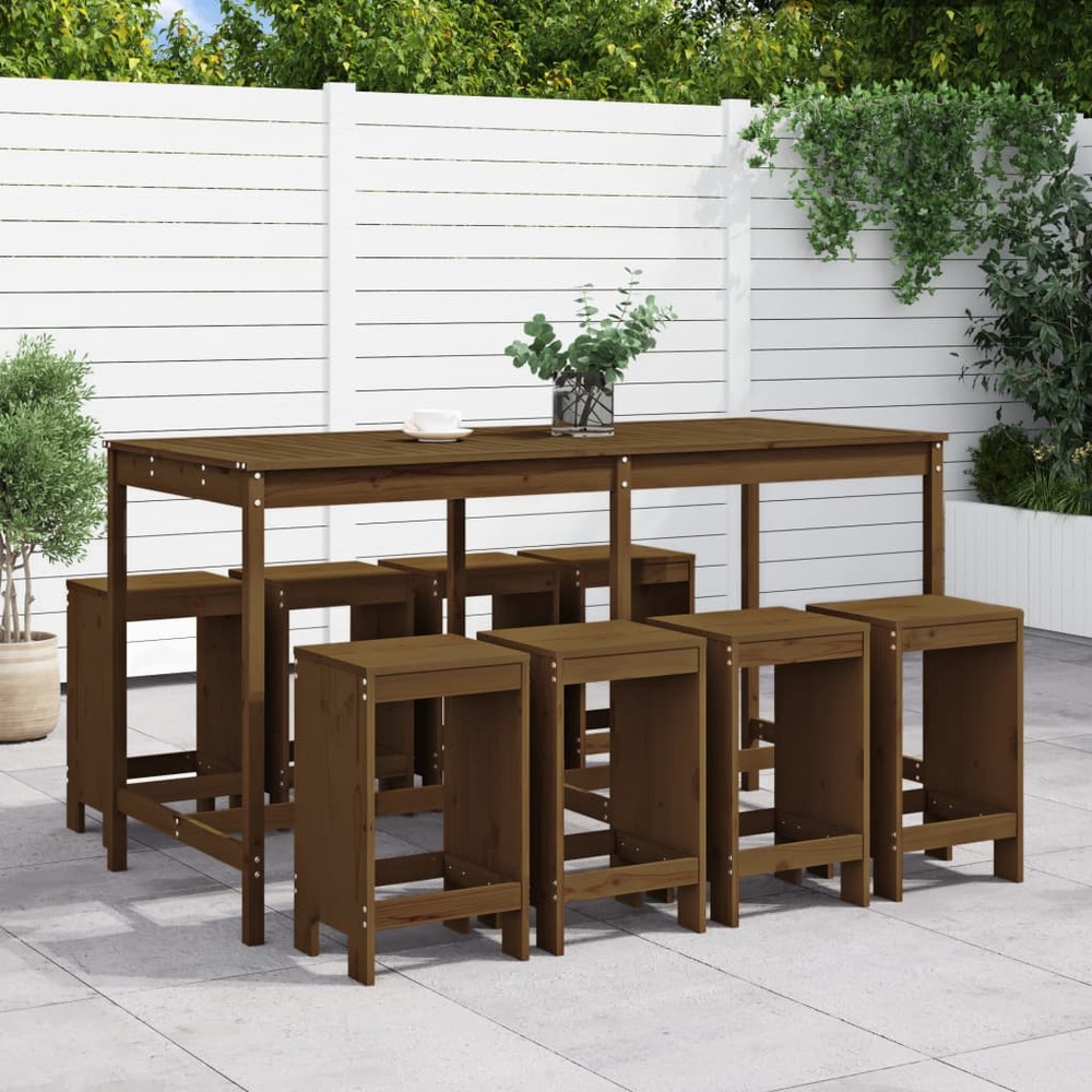 Ensemble de bar de jardin 9 pcs marron miel bois de pin massif