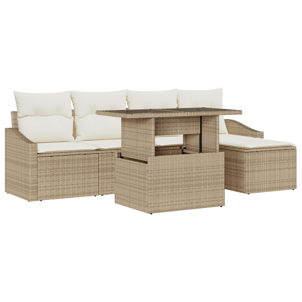 Ensemble canapé de jardin 6 pièces avec coussins beige en poly rotin