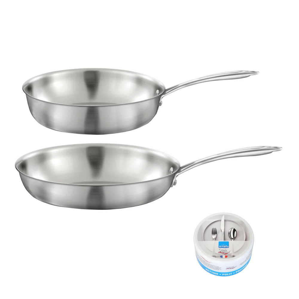Gourmet - lot de 1 poêle inox 28 cm, 1 sauteuse inox 24 cm, 1 pierre d'argent® citron 300 g pour l'entretien de l'inox