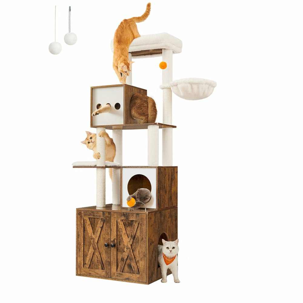 Arbre à chat moderne avec cache-litière tour de jeu griffoir avec maison de toilette 185 cm niche plateforme tapis lavables g