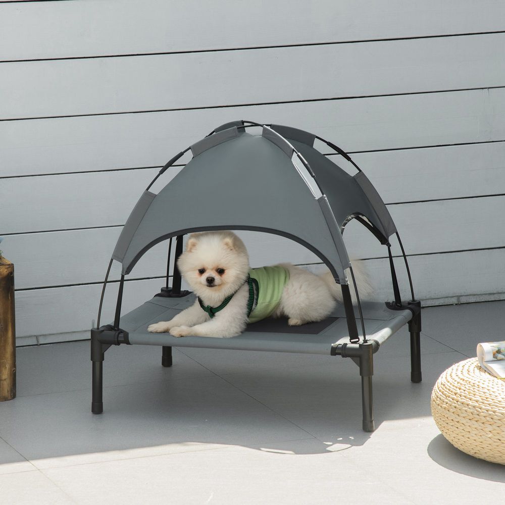 Lit surélevé pour chien métal et tissu oxford gris noir 61 x 46 x 62 cm extérieur camping avec toit anti-uv déperlant