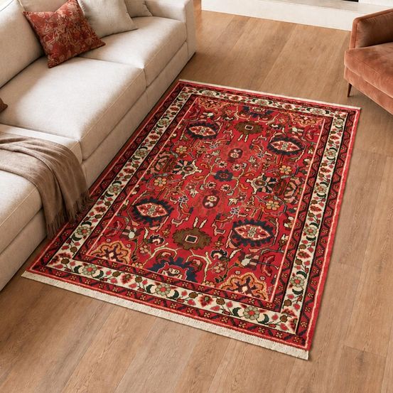Tapis d'orient, 100 x 140 cm, rouge, bleu et crème, en laine naturelle, hamadan 45