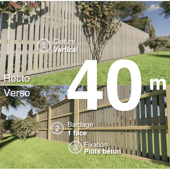 Kit clôture bois moderne 40m – h 1,9m – 20 x 70 mm autoclave gris – pose vertical – simple face – à sceller