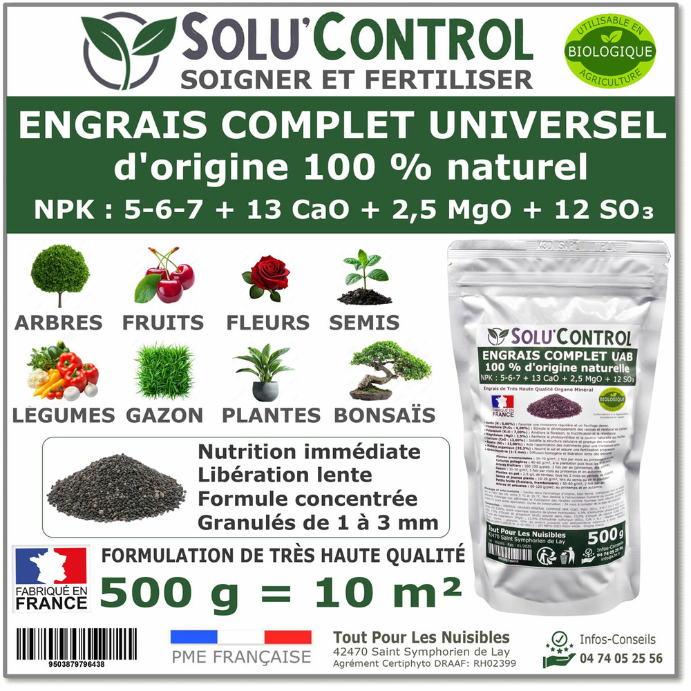 500 g d'engrais complet universel et équilibré - solucontrol - uab - utilisable en agriculture biologique
