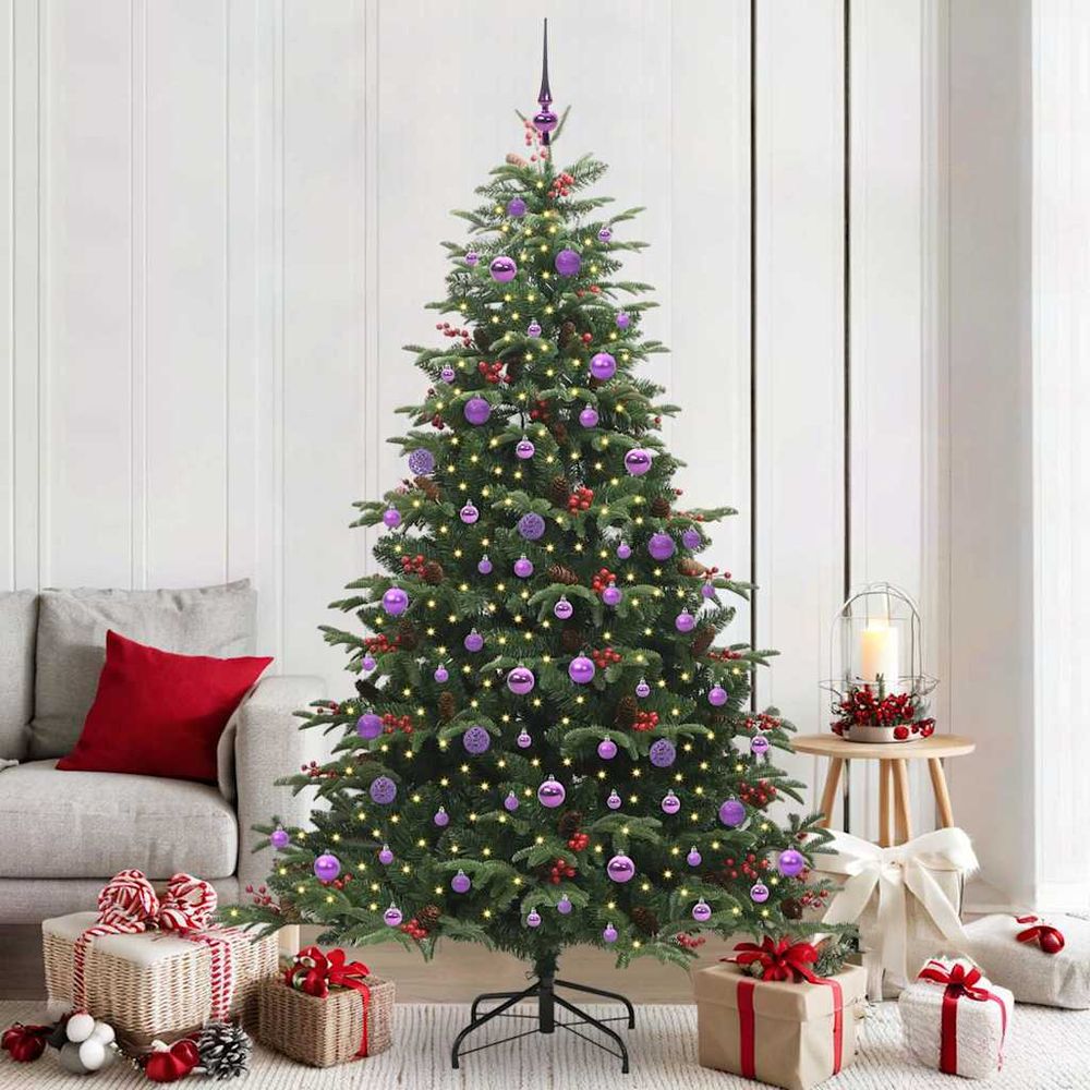 Sapin de noël artificiel lumineux 210 cm prêt à l'emploi, kit avec boules et cimier inclus