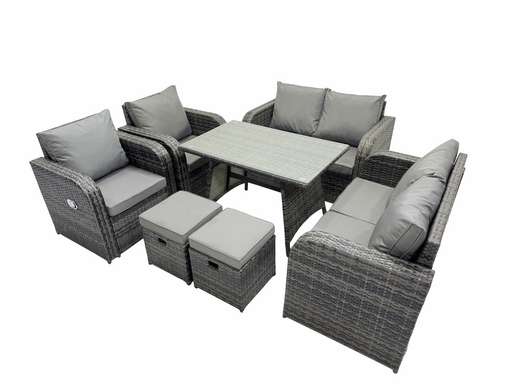 Ensemble de canapé en rotin extérieur avec table à manger rectangulaire 2 petits tabourets gris foncé mixte