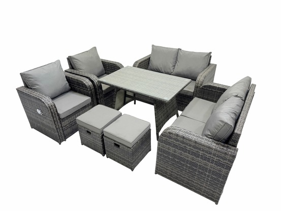 Ensemble de canapé en rotin extérieur avec table à manger rectangulaire 2 petits tabourets gris foncé mixte