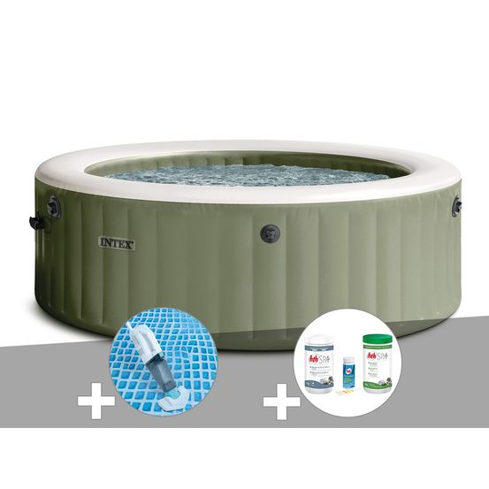 Kit spa gonflable purespa olive rond bulles 4 places + aspirateur + kit de trai