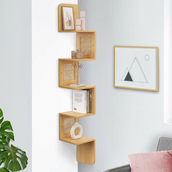 Etagère murale d'angle edhen 5 niveaux bois et cannage