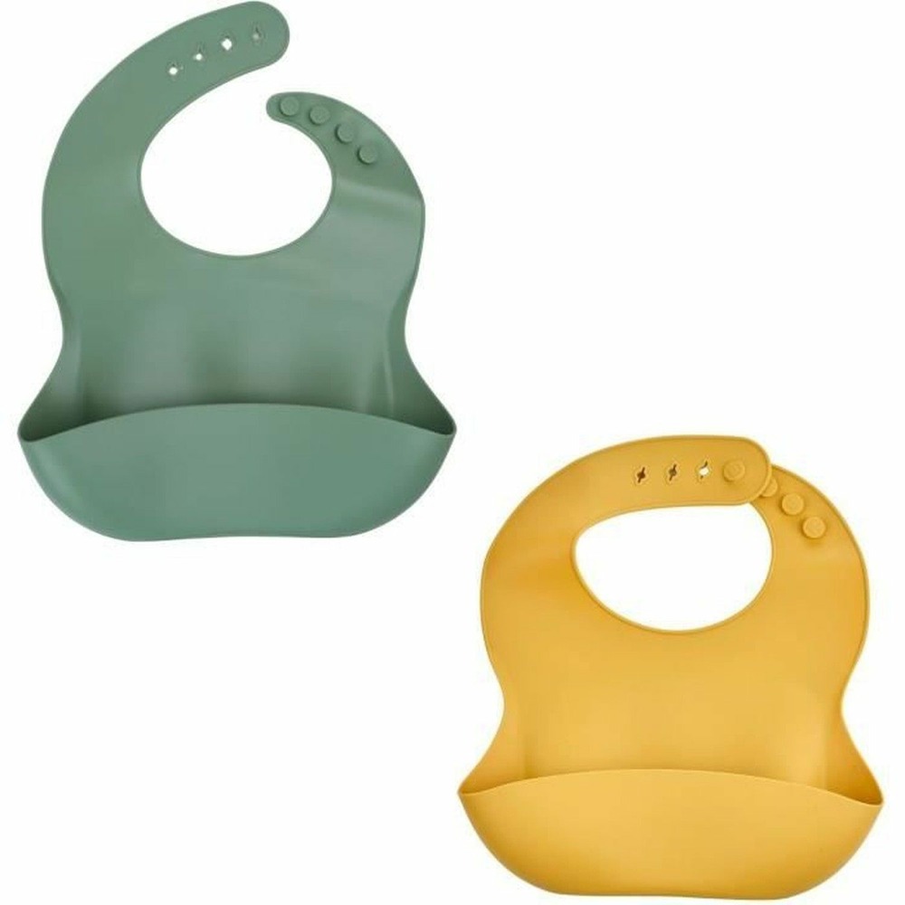 2 bavoirs silicone - vert cactus et jaune miel - etanches et réglables