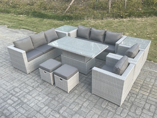 Salon de jardin exterieur table à manger réglable en hauteur ave canapé 2 fauteuil 2 table d'appoint petit tabourets gris clair