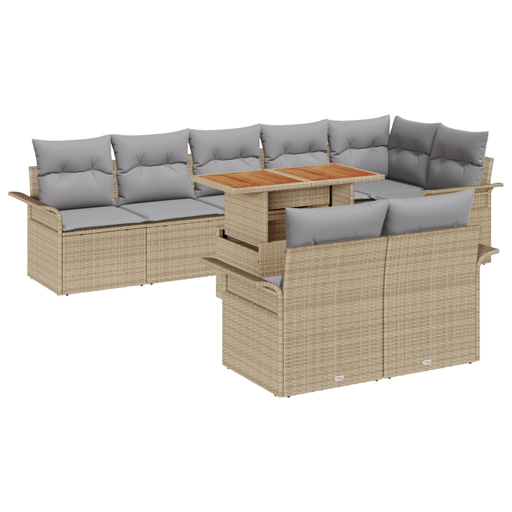 Ensemble de salle à manger de jardin 9 pièces avec coussins beige poly rattan acacia