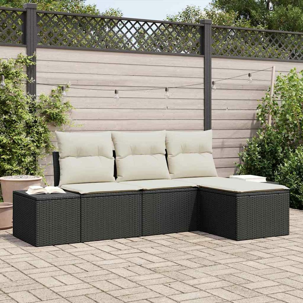 Ensemble de canapé de jardin 4 pcs noir et crème polyrotin