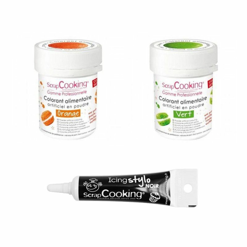 2 colorants alimentaires vert-orange + stylo glaçage noir