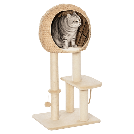 Arbre à chat multiniveau en mdf avec niche en jonc pour jeu et repos 48x40x100cm beige
