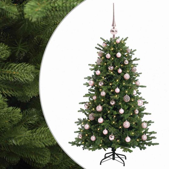 Sapin de noël artificiel avec boules 150 cm 150 led blanc chaud