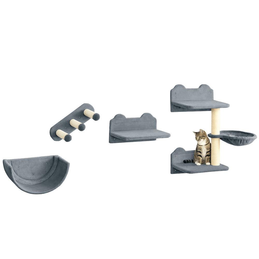 Parcours mural chat 4 pièces bois peluche jeu repos hamac 40x28x73cm gris