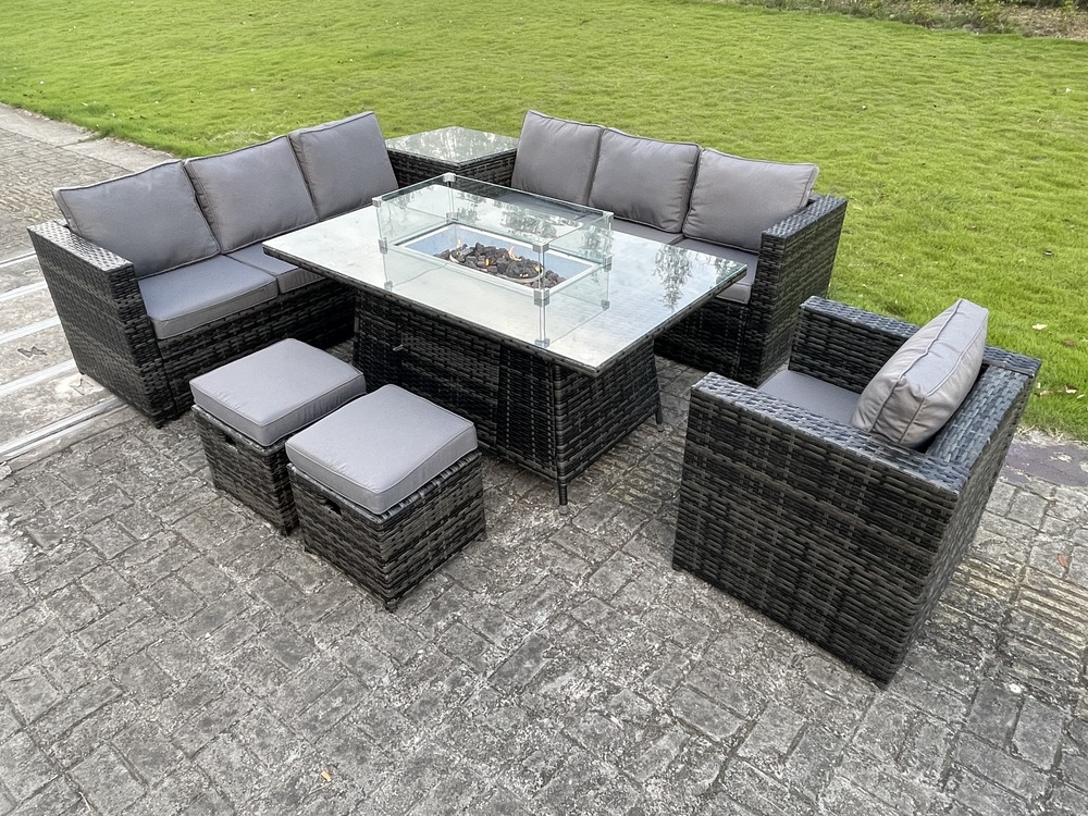 Meubles à manger de jardin pe rotin ave canapé table d'appoint table de foyer à gaz 2 tabourets chaise mélange gris foncé