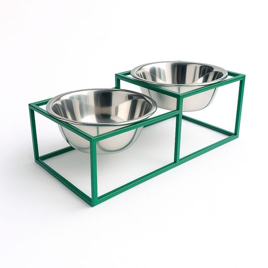 Kum - set de 2 gamelles surélevées pour chien en acier, socle filaire métal vert, 32x16x12cm
