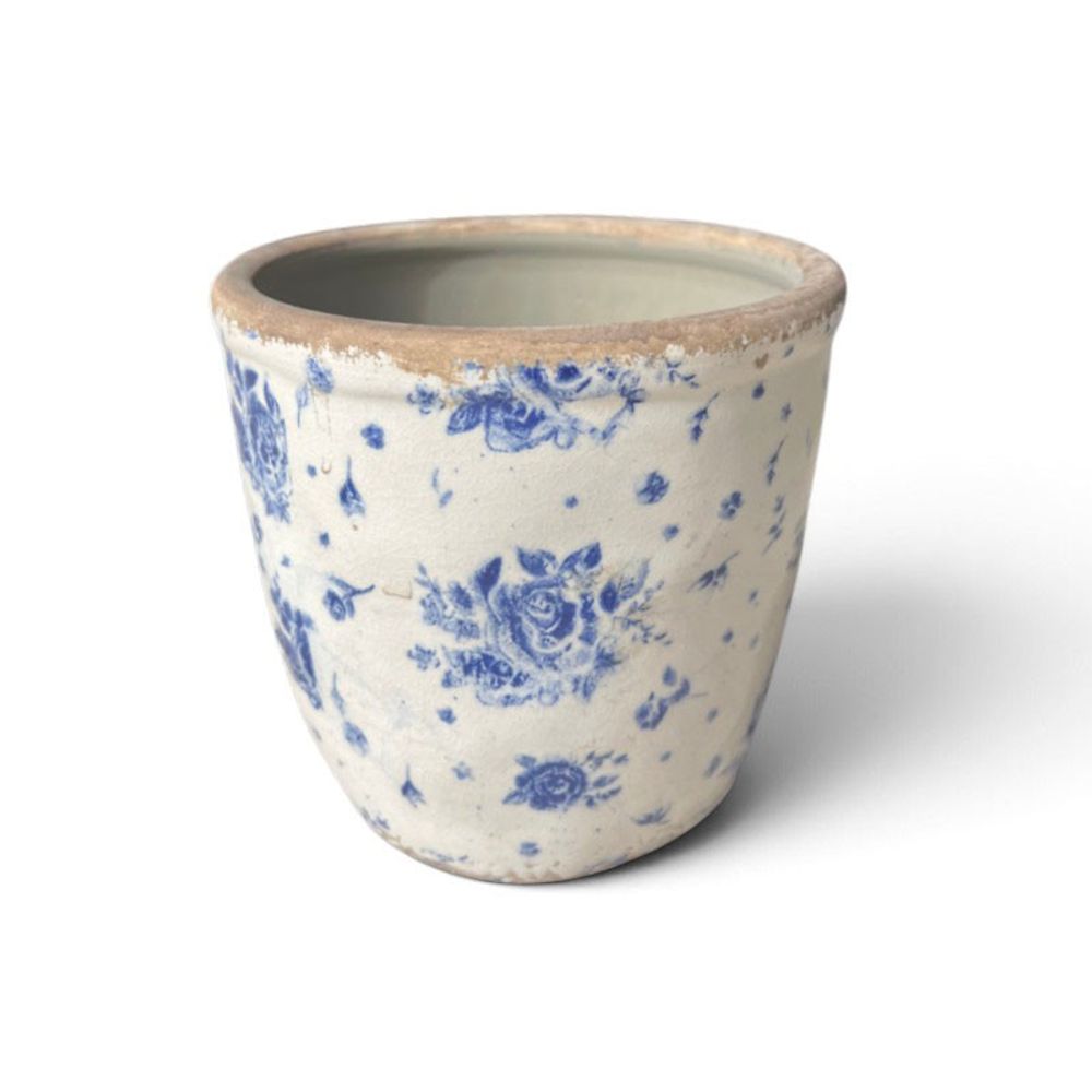 Pot céramique motif floral beige bleu 12x13x13cm