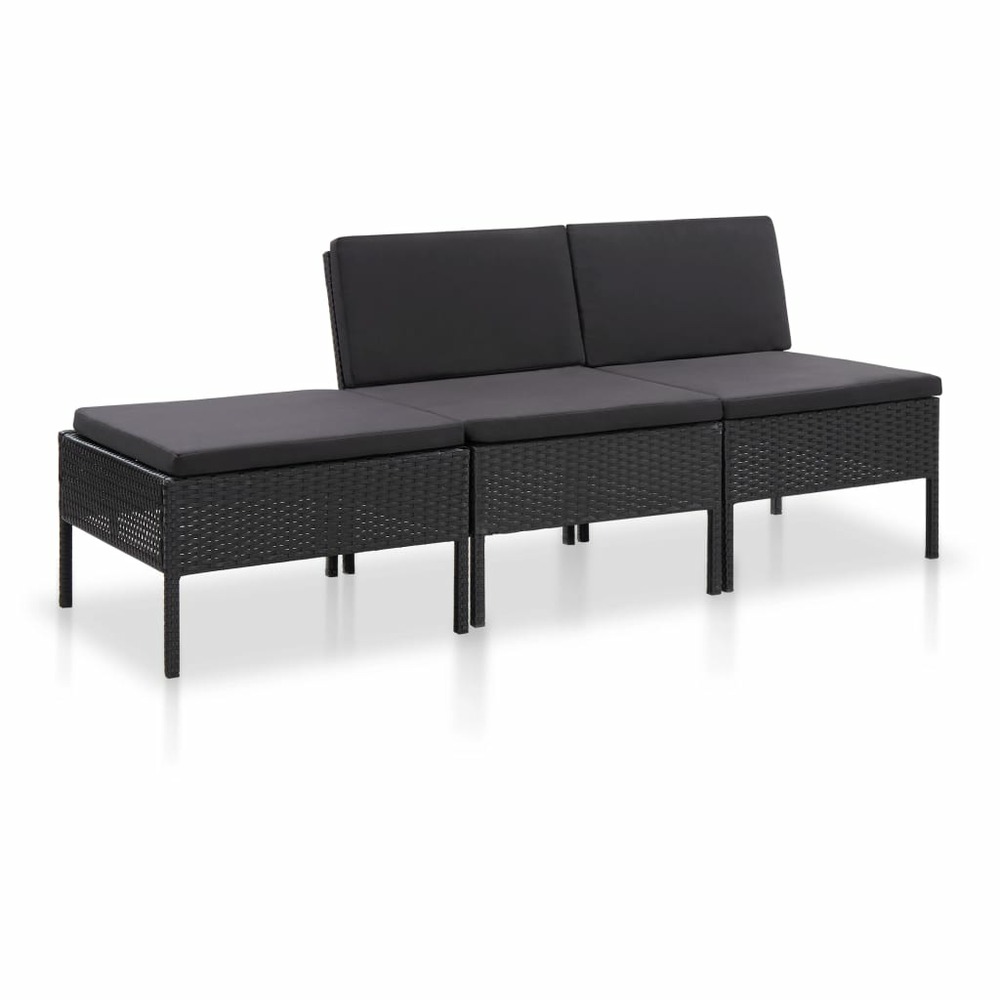 Salon de jardin meuble d'extérieur ensemble de mobilier 3 pièces avec coussins résine tressée noir