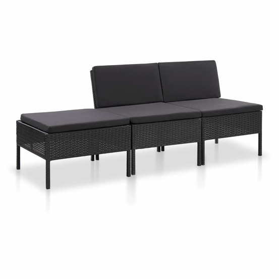 Salon de jardin meuble d'extérieur ensemble de mobilier 3 pièces avec coussins résine tressée noir