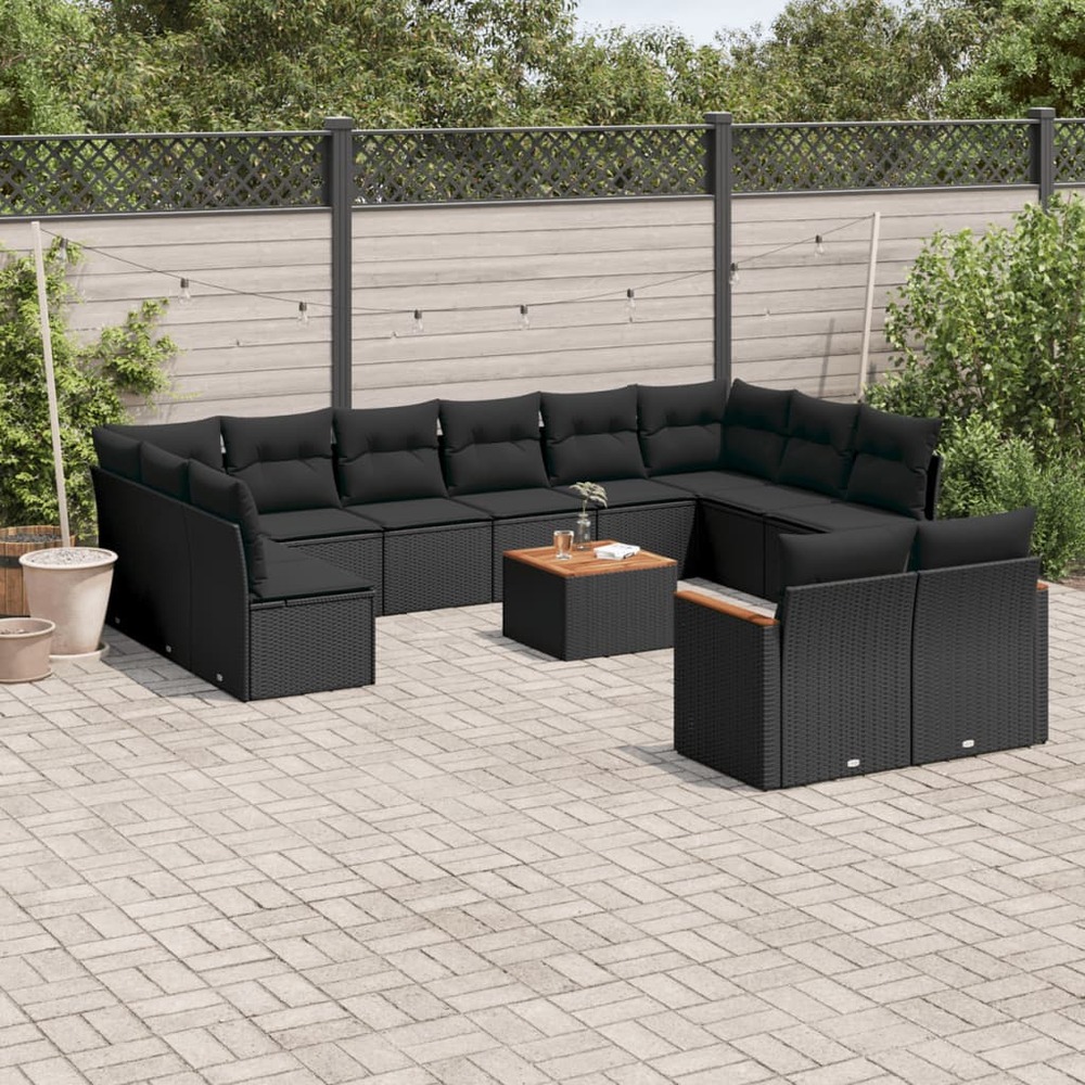 Salon de jardin avec coussins 13 pcs noir résine tressée