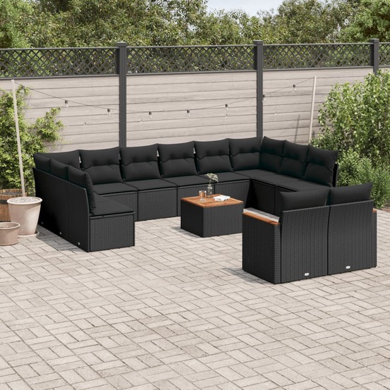 Salon de jardin avec coussins 13 pcs noir résine tressée