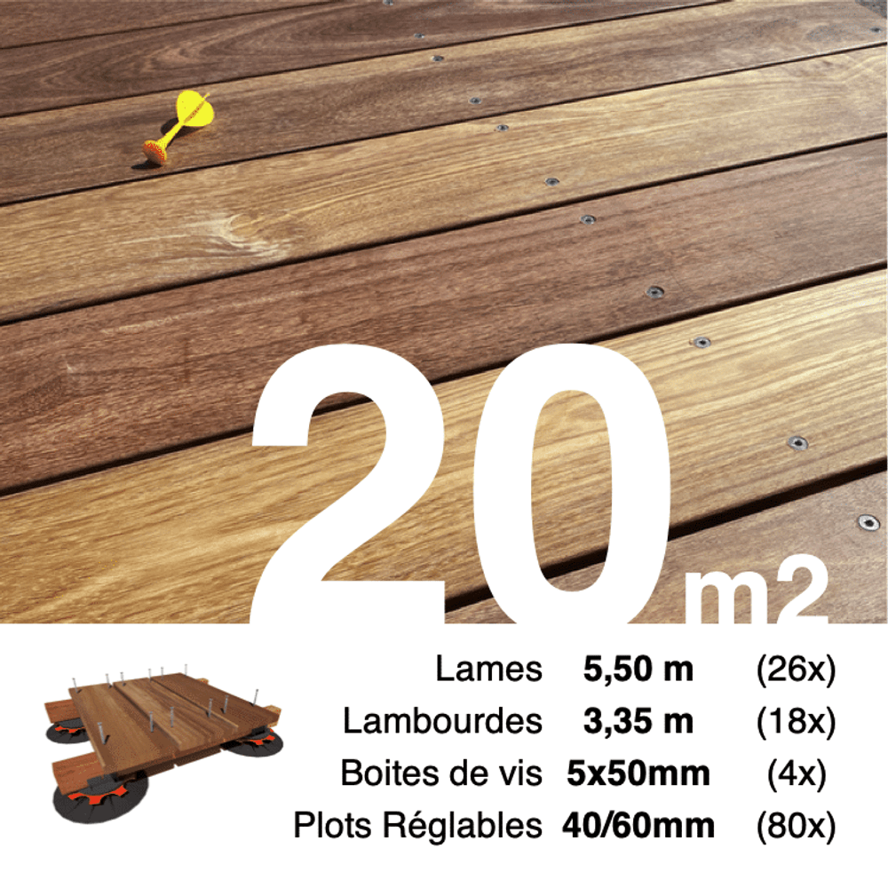 Kit complet terrasse bois exotique cumaru pour 20 m², lames 5,5 m, lambourdes 3,35 m, plots réglables et visserie inox.
