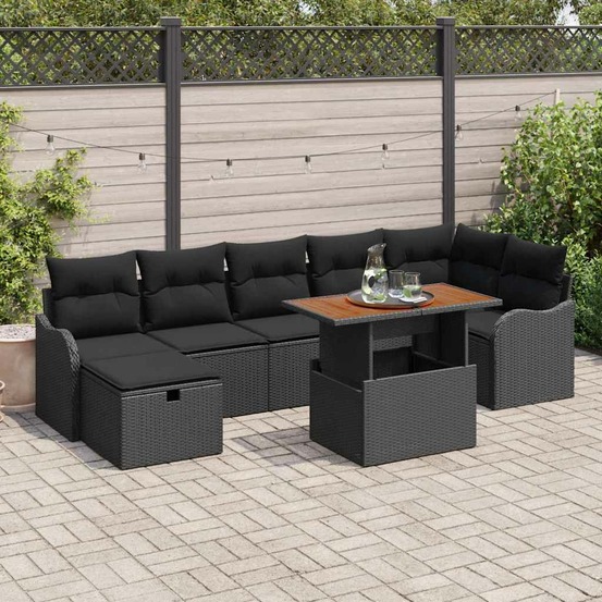 Ensemble de canapé de jardin avec coussin 8 pcs noir polyrotin
